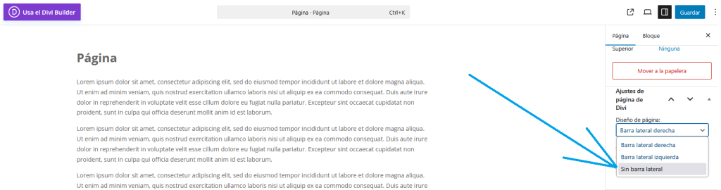 Quitar sidebar Divi