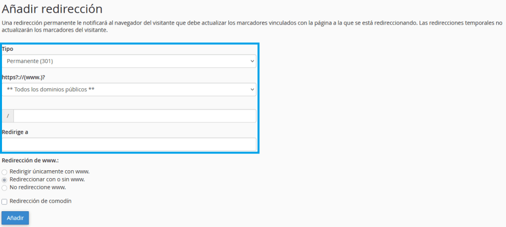 Redireccion 301 cPanel